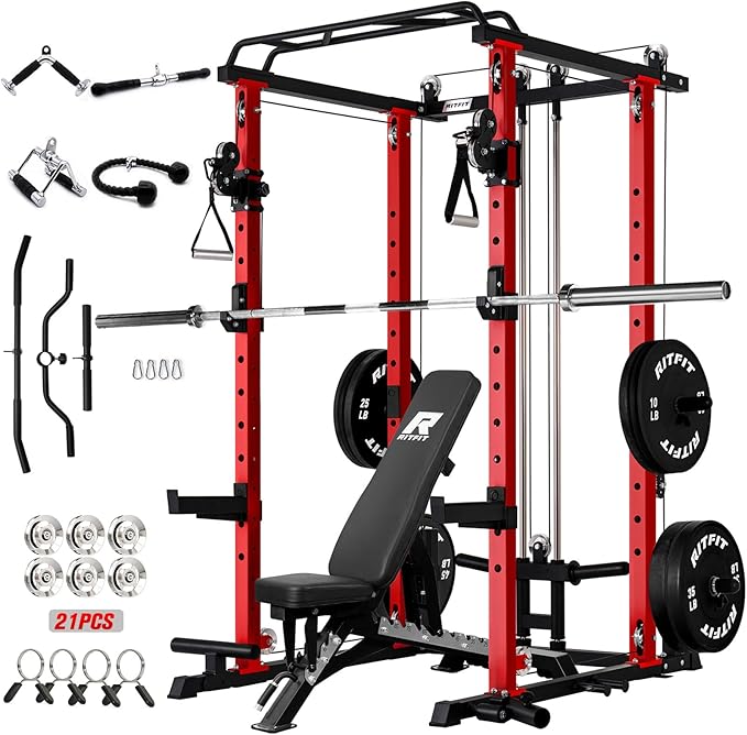 RitFit Upgraded PPC-P3 Power Cage, 3-in-1 Home Gym with Aluminum Pulley System, 1200LBS Capacity, Includes LAT Pulldown, Landmine, J-Hooks & 20+ Attachments, Fits Compact Spaces Black Red