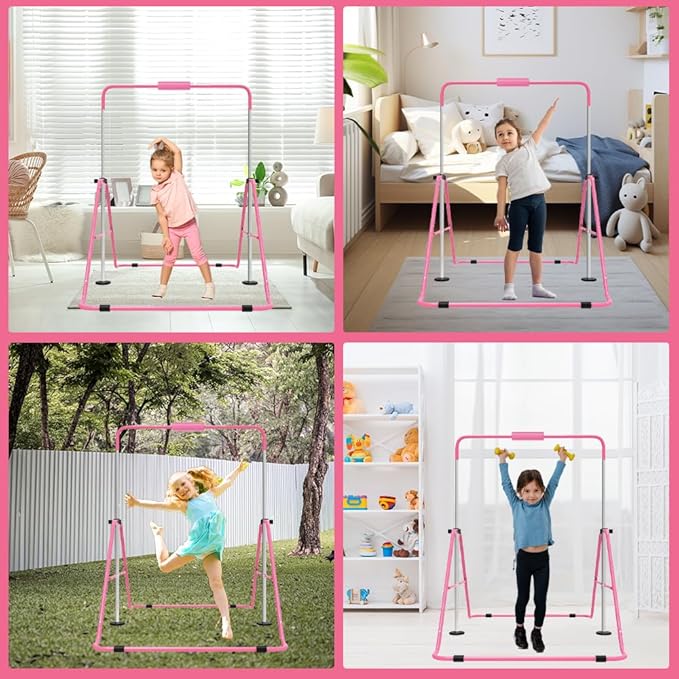 Gymnastics Bar with Self-Inflating Mat for Kids, Adjustable Height Gymnastic Horizontal Bars with Mat, Folding Gymnastic Training Monkey Bars, Junior Expandable Training Kip Bar for Home