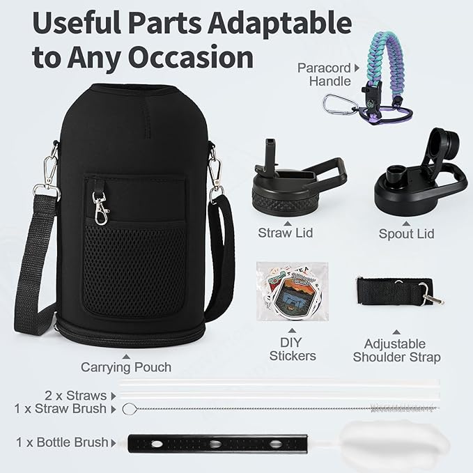 One Gallon Water Bottle Insulated, Triple Wall Vacuum Cold for 48 Hrs & Leak-proof & Non-BPA, 128oz Large Sports Stainless Steel Water Jug with Paracord Handle Straw Spout Lids & DIY Stickers