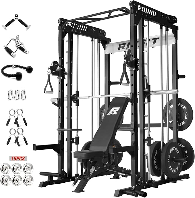 RitFit M1 Pro Smith Machine Package, All-in-One Power Cage with Weight Stack Set, Includes LAT Pulldown & Cable Crossover System for Home Gyme