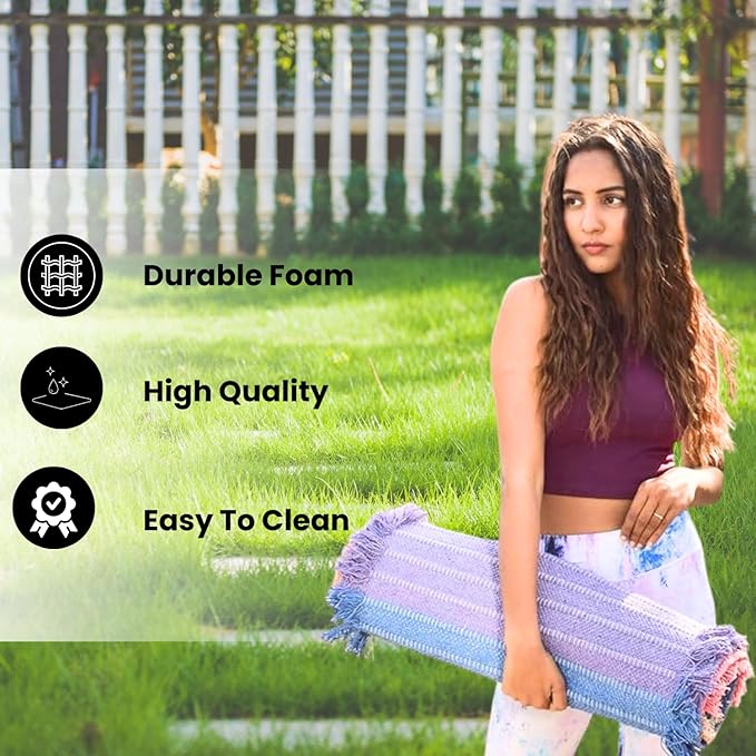 Indian Handmade100 % Organic Anti Skid Multi Colour Cotton Yoga Mat - Eco-Friendly Hand-Woven Rug - Non-Slip & Thick (24”x72”x5mm) for Hot yoga & Everyday Fitness at Home - Comfortable & Foldable Extra-Long Mat