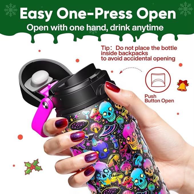 ENCOOL Insulated Water Bottle with Straw Stainless Steel Water Bottle with Push Button Lid, Leak-Proof & BPA-Free, Keeps Cold for 24 Hours for Sports, Travel, Gym (32 oz, Trippy Skulls)