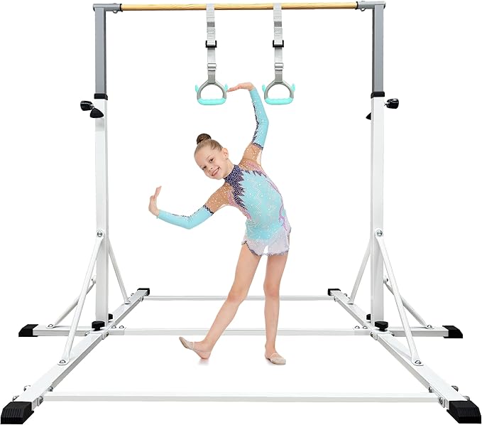86 York Gymnastics Bar for Kids Ages 3-20, 5FT Base Length, 42" to 63" Adjustable Height, Horizontal Bar, Kip Bar for Gymnast, Gymnastic Training Equipment for Home, Gym Center (Gym Bar, White)
