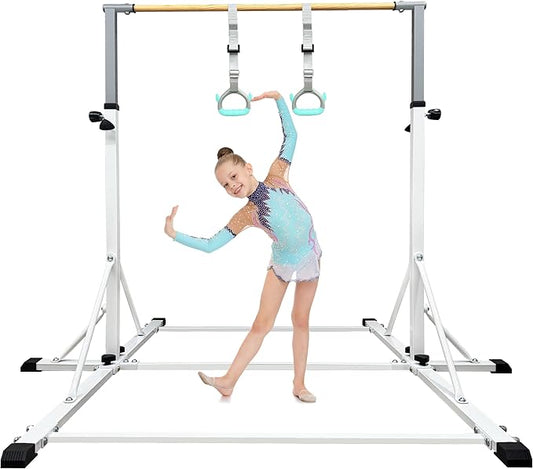 86 York Gymnastics Bar for Kids Ages 3-20, 5FT Base Length, 42" to 63" Adjustable Height, Horizontal Bar, Kip Bar for Gymnast, Gymnastic Training Equipment for Home, Gym Center (Gym Bar, White)