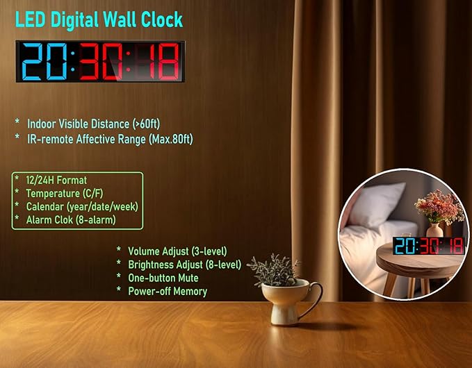 26'' Extra Large Home GYM Timer Clock, Programable Workout Interval Timer, Digital Wall Clock, with 7-color Night Light, 8 Alarm Clocks, Calendar/Temperature, Countdown & Stopwatch (Blue & Red)