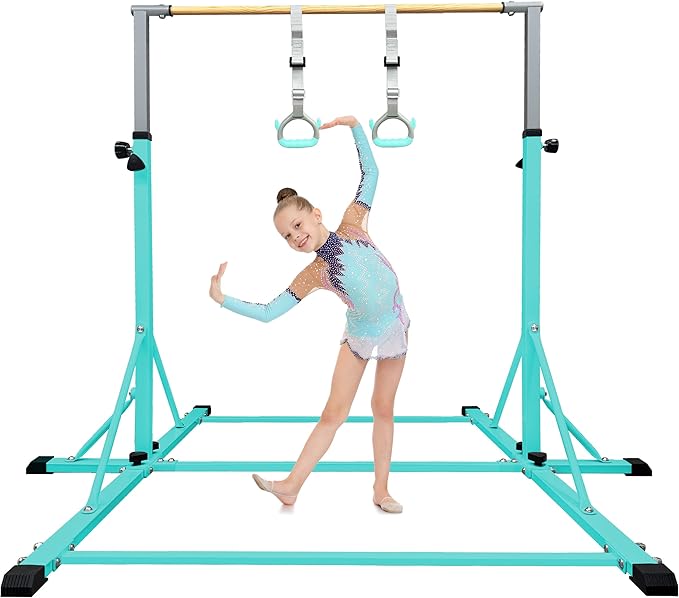 86 York Gymnastics Bar for Kids Ages 3-20, 5FT Base Length, 42" to 63" Adjustable Height, Horizontal Bar, Kip Bar for Gymnast, Gymnastic Training Equipment for Home, Gym Center (Gym Bar, Teal)