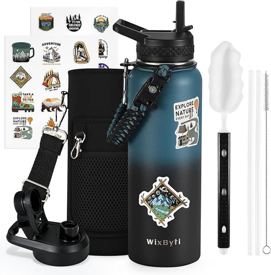 40 oz Insulated Water Bottle with Straw (Cold for 48 Hrs), Stainless Steel Triple Wall Vacuum Sports Water Jug, Leakproof Hydro Cup Flask with Paracord Handle & Straw Spout Lids & DIY Stickers