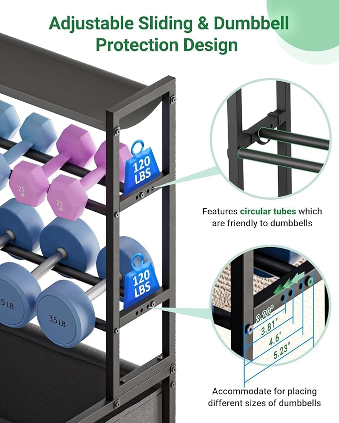 Adjustable Dumbbell Rack, 4-Tier Movable Weight Rack Stand for Home Gym Up To 405lb with Lockable Caster & Hooks, Home Gym Equipment Storage for Dumbbell Kettlebell Yoga Mat Ball