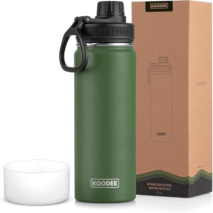 koodee 26 oz Insulated Water Bottle Stainless Steel Double Wall Vacuum Metal Sports Wide Mouth Water Bottle with Leakproof Spout Lid (Grass Green)
