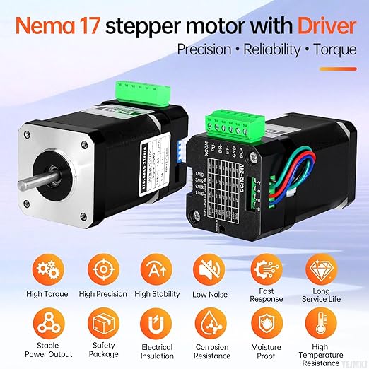 Nema 17 Stepper Motor with Integrated Stepper Driver 1.8‌°‌ 2 Phase High Torque 0.7Nm(99.13oz·in) Bipolar 2.5A 1.5Ω 76mm 42 Stepper Motor with Controller for 3D Printer DIY Robot CNC Machine