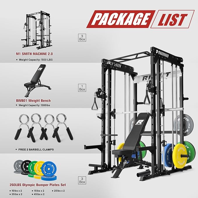 RitFit M1 Pro Smith Machine Package, All-in-One Power Cage with Weight Stack Set, Includes LAT Pulldown & Cable Crossover System for Home Gyme