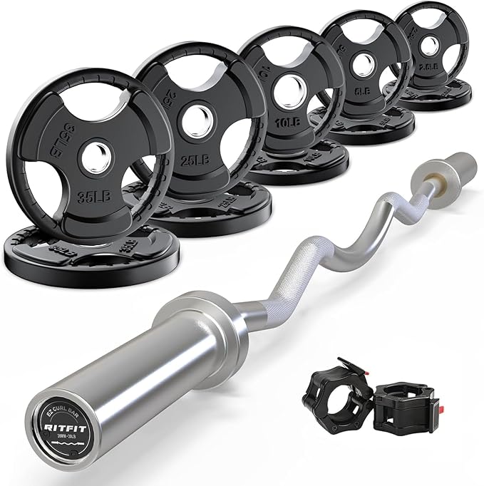 RitFit 2 Inch EZ Curl Bar with Weights, 350LBS Weight Capacity Olympic Curl Barbell for Bicep, Tricep and Weight Lifting Exercises