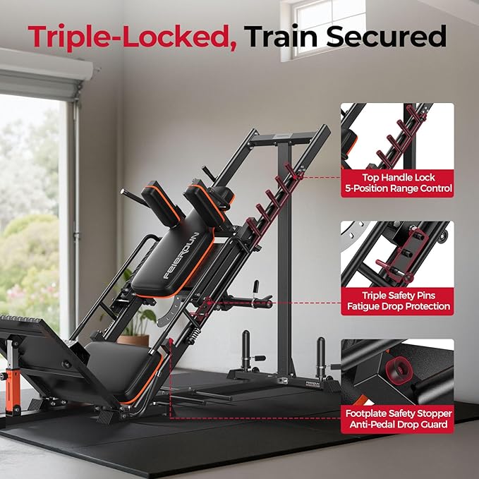 FEIERDUN 3‑in‑1 Leg Press Hack Squat Machine with Stretch Board – Adjustable Leg Press Machine for Home Gym with Full Range of Motion & Ultra-Quiet Pulley System