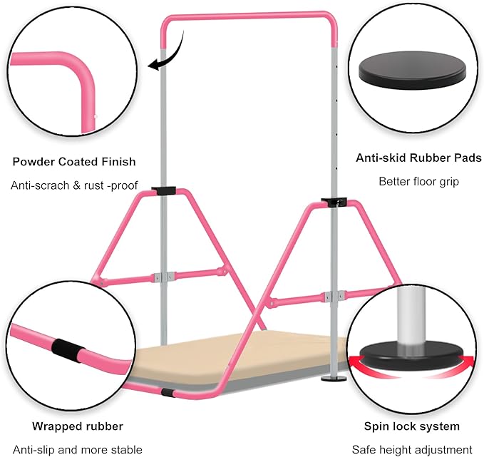 Gymnastics Bar with Self-Inflating Mat for Kids, Adjustable Height Gymnastic Horizontal Bars with Mat, Folding Gymnastic Training Monkey Bars, Junior Expandable Training Kip Bar for Home