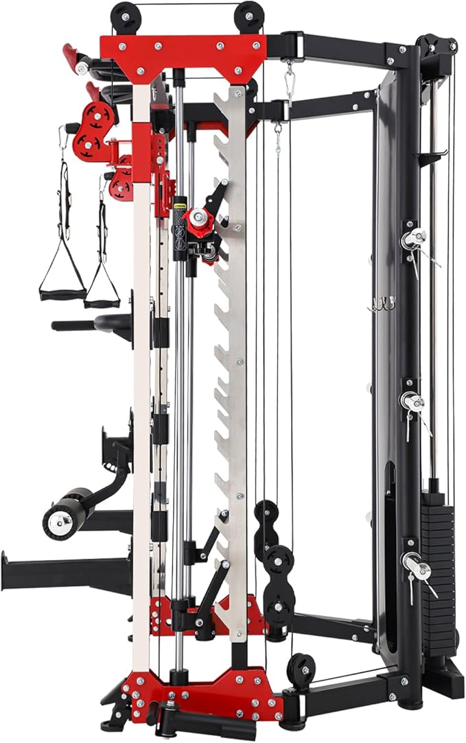 Altas Strength Folding Home Gym Smith Machine with Pulley System Gym Squat Rack Weight Bar Upper Body Strength Training Leg Developer Commercial Fitness Equipment Included Accessories 3107