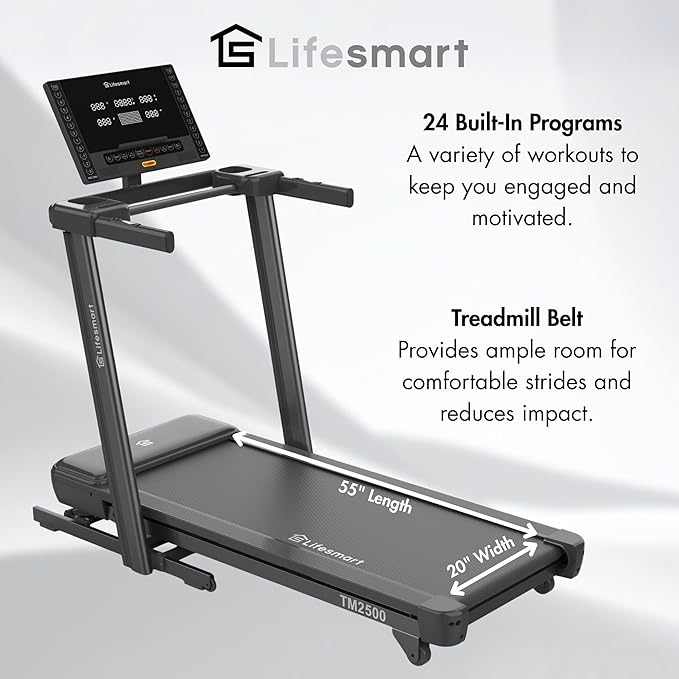 Lifesmart TM2500 PowerTouch Folding Treadmill for Home Gym | Brushless Motor, 10% Incline & -3% Decline | Compact Heavy Duty Treadmill with Bluetooth Speakers, Fan & Heart Rate Monitor