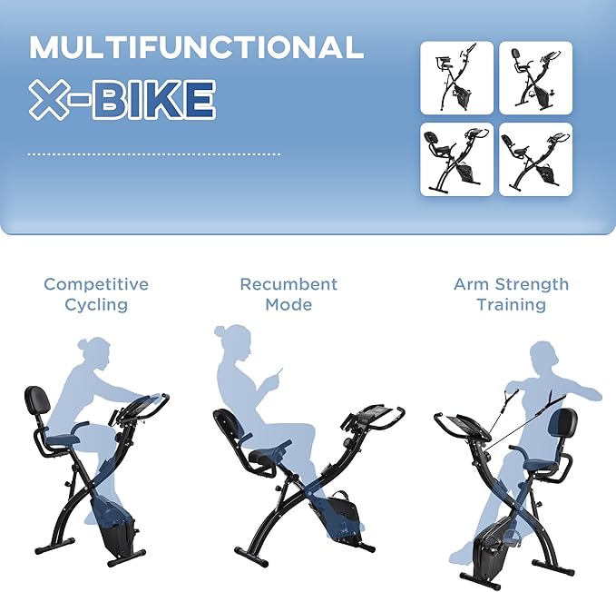 Soozier Folding Exercise Bike, 3-in-1 Recumbent Exercise Bike, Upright Workout Bike with Pulse Sensor, Arm Resistance Bands, Adjustable Seat, 8-Level Magnetic Resistance