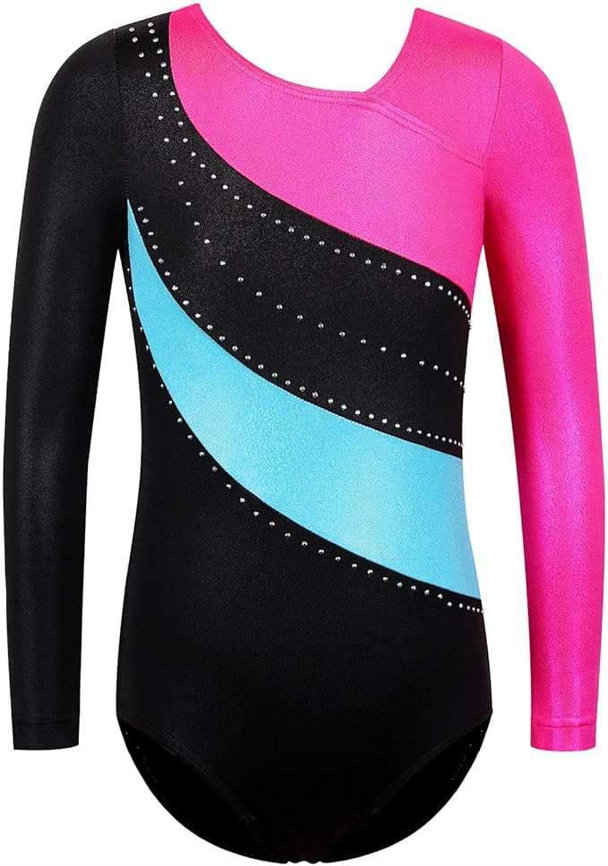 BAOHULU Leotards for Girls Gymnastics Long Sleeve Embroidery Shiny Black Diamond Dance Clothes