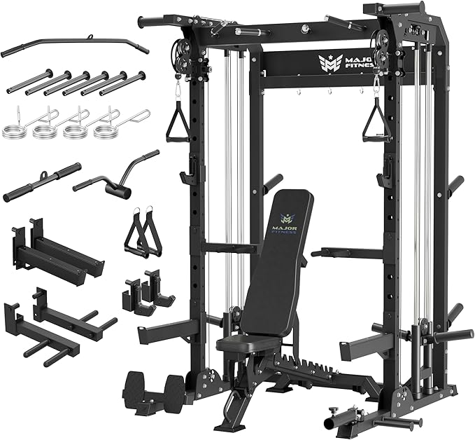 MAJOR FITNESS F22 Power Rack, 1600lbs All-in-One Squat Rack with Dual Pulley System, Heavy-Duty Steel Frame, Attachments & Storage for Home Gym Strength Training