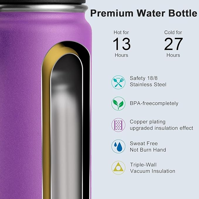 Koodee Insulated Water Bottle, 18 oz Stainless Steel Double Wall Vacuum Wide Mouth Sport Bottle with Leakproof Spout Lid (Purple)