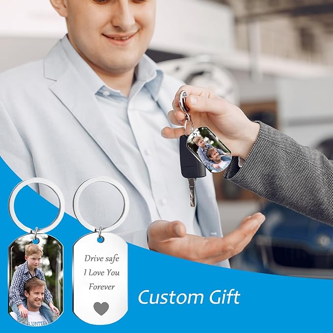 QYH Custom Keychain with Picture - Personalized Key Chain Laser Engraved Photo Text Gold Keychains Customized Gifts for Men