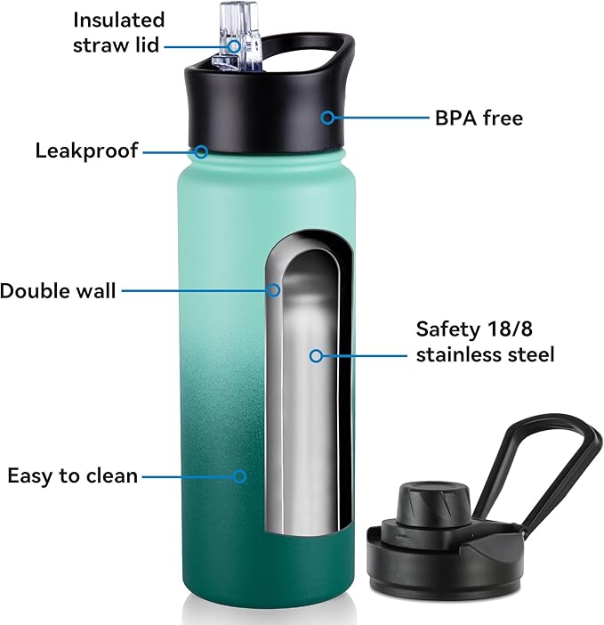 16 oz Insulated Water Bottle with Straw Lids, Stainless Steel Kids Water Bottles for School, Double Wall Vacuum Metal Water Bottle with Straw & Wide Mouth Lid, Gradient Green 4 Pack
