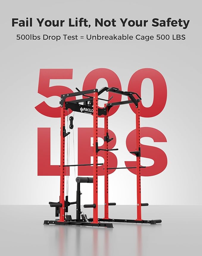 Mikolo Power Cage, Power Rack with LAT Pulldown, 1200 Pounds Capacity Workout Cage with More Training Attachments, Squat Rack for Home Gym, F4 Versions
