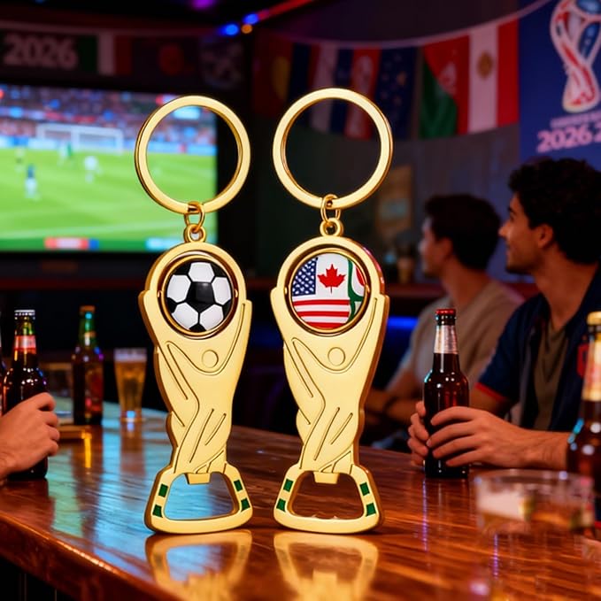 2026 World Cup Trophy Bottle Opener Keychains, Gold Bottle Opener Keychain with World Cup Soccer Ball Design, Football Merchandise Keychains Gift for Football Fan