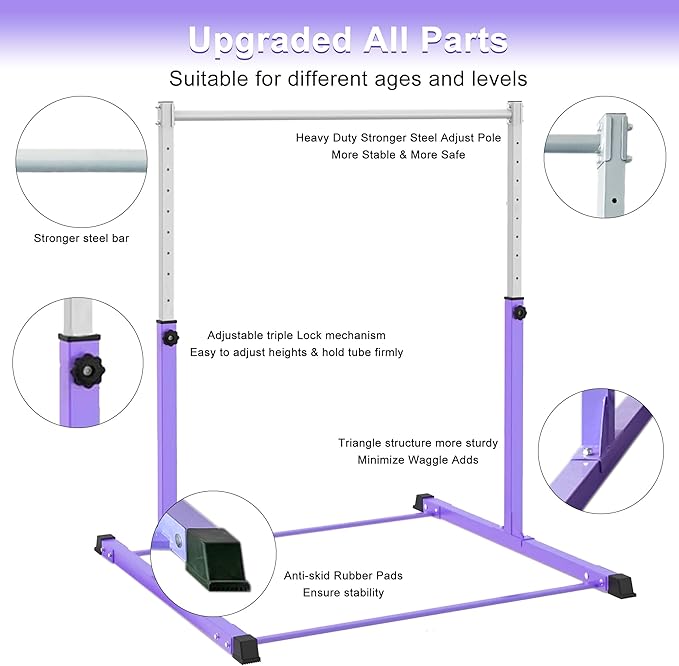 Gymnastics Bar for Kids Ages 3-15, 3' to 5' Adjustable Height, Gymnastic Kip Bar Horizontal Bar for Gymnas, Anti-Slip and Easy to Assemble, Home Gym Equipment Indoor for Girls, Boys