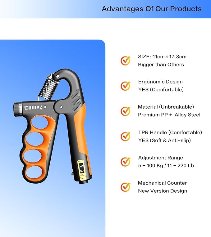 Grip Strength Trainer with Automatic Counter, Hand Grip Strengthener with Adjustable Resistance 11-220Lbs(5-100KG), Ergonomic Design Forearm Strengthener for Musicians Athletes and Injury Recovery