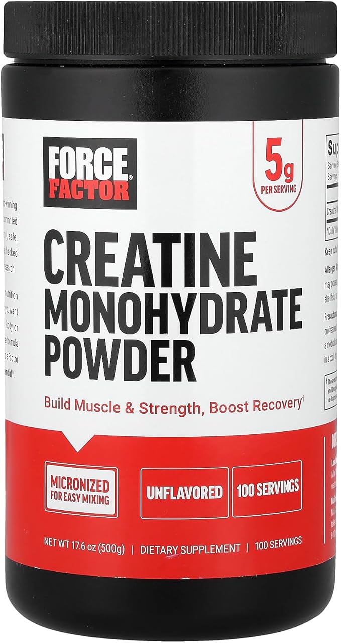 Force Factor Creatine Monohydrate Micronized Powder 500G, 5g Dose to Support Muscle Growth, Strength, Recovery, Cognitive Health & Memory, Unflavored, 100 Servings, 17.6 Oz