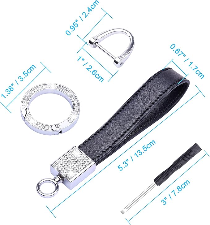 Wisdompro Genuine Leather Car Keychain, Bling Key FOB Holder Leather Loop Keychains for Women Girls with Crystal Rhinestones and 2 Keyrings - Black