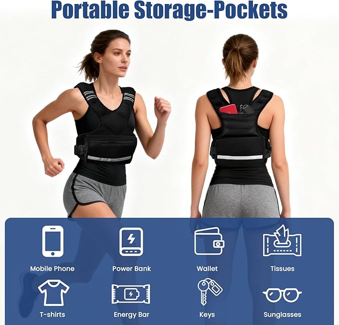 Adjustable Weight Vest for Men & Women, 4-10LBs/11-20LBs with 6 Weight Pags, Pockets & Reflective Strip for Running, Strength Training, Fat Loss & Body Sculpting