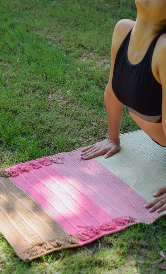 Indian Handmade100 % Organic Anti Skid Multi Colour Cotton Yoga Mat - Eco-Friendly Hand-Woven Rug - Non-Slip & Thick (24”x72”x5mm) for Hot yoga & Everyday Fitness at Home - Comfortable & Foldable Extra-Long Mat
