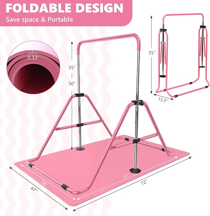 HYD-Parts Gymnastics Bar with Mat, Foldable Gymnastics Horizontal Bar Height Adjustable, Gymnastics Equipment for Kids 3-12 Ages, Children's Gifts