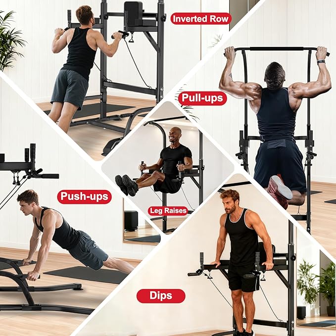 Pull Up Bar Power Tower Dip Station, Adjustable Strength Training Equipment for Home Gym Workout, Multi-Function Pull Up and Dip Bar