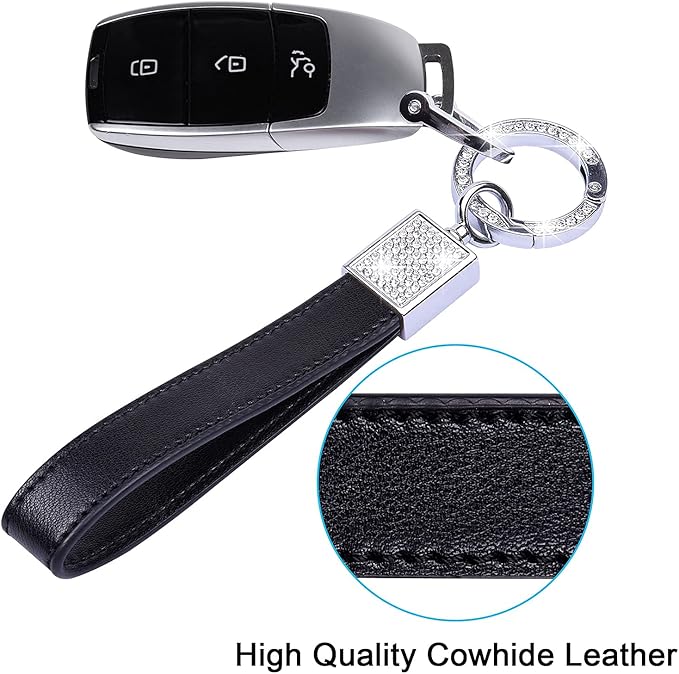Wisdompro Genuine Leather Car Keychain, Bling Key FOB Holder Leather Loop Keychains for Women Girls with Crystal Rhinestones and 2 Keyrings - Black