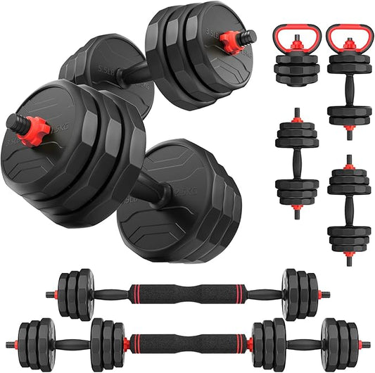 Adjustable dumbbell set,20/35/45/55/70/90lbs Free Weights set with upgraded nut, 5 in 1 Weight Set Used as Kettlebells, Barbell, Push up Stand, Fitness Exercise for Home Gym Suitable Men/Women