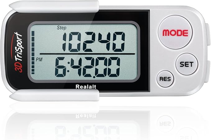 Realalt 3DTriSport Walking 3D Pedometer with Clip & Strap, eBook Included 30 Days Memory Accurate Step Counter, Walking Distance Miles/Km, Calorie Counter, Daily Exercise Time Monitor