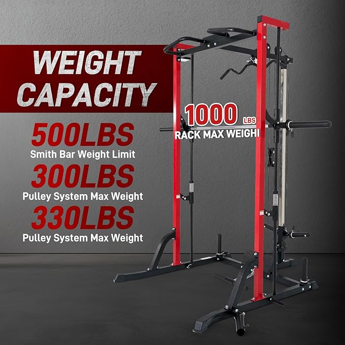 Smith Machine Power Cage Squat Rack with LAT-Pull Down System, 1000LBS Capacity, Landmine, Barbell Bar, Plate Storage Pegs and More Training Attachment for Garage Workout & Home Gym