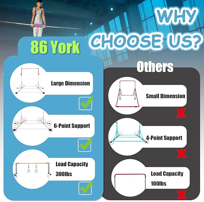 86 York Gymnastics Bar for Kids Ages 3-20, 5FT Base Length, 42" to 63" Adjustable Height, Horizontal Bar, Kip Bar for Gymnast, Gymnastic Training Equipment for Home, Gym Center (Gym Bar, White)