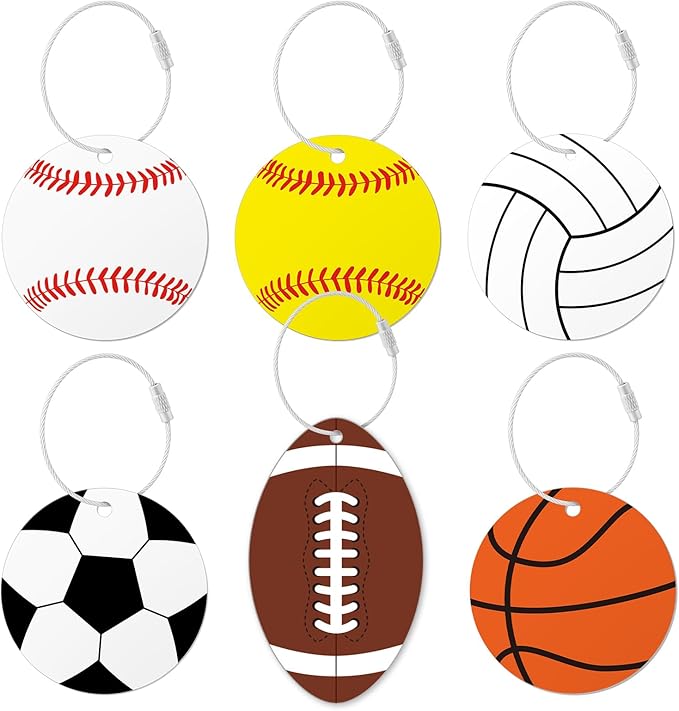 6Pcs Sports (baseball softball football volleyball basketball) Luggage Tags Set for Travel Suitcases Labels with Metal Ring 2.75in Keychain PVC Name Id and DIY Pocket Hug Card for Men Women Travel Bag