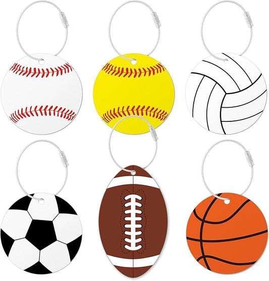 6Pcs Sports (baseball softball football volleyball basketball) Luggage Tags Set for Travel Suitcases Labels with Metal Ring 2.75in Keychain PVC Name Id and DIY Pocket Hug Card for Men Women Travel Bag