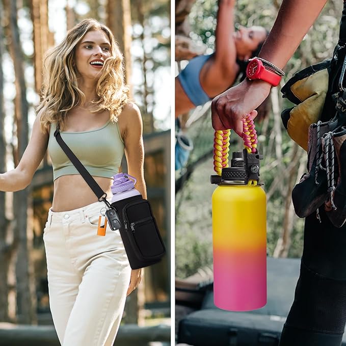 Metal Water Bottle 32 oz - Insulated Water Bottles Keep Cold 48H Hot 24H, Large Waterbottle with Strap, Straw & Spout Lid, Protective Boot, Wide Mouth Stainless Steel Thermo Jug Flask Sport Office