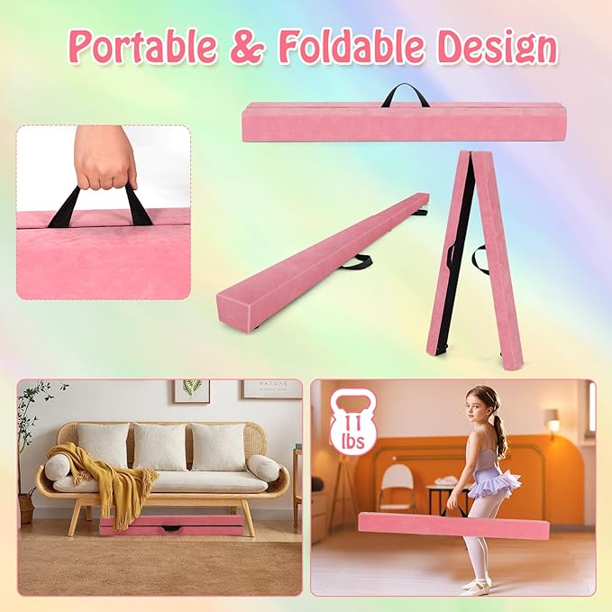 Giantex 7FT/8FT/9FT Balance Beam, Folding Gymnastics Beam w/Carry Handles, Floor Foam Gymnastics Equipment for Kids, Non Slip Rubber Base for Exercise, Practice & Professional Home Training