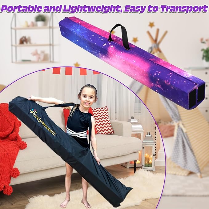 PreGymnastic 6FT/8FT/9.5FT Folding Balance Beam for Kids Ages 3-12, Foldable Gymnastics Floor Beam-Extra Firm Suede Cover with Carrying Bag for Home-Gym Equipment for Toddler Teenager