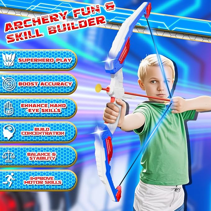 Kids Bow and Arrow Set, LED Light Up Archery Toy Set with Suction Cup Arrows, Standing Target & Quiver, Indoor and Outdoor Toys Sport Gifts for Kids, Boys & Girls Ages 4 5 6 7 8 9 10 11 12