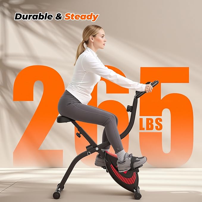 Exercise Bike 3 IN 1 Stationary Bike Folding Exercise Bike with Adjustable Resistance Comfortable Seat Cushion LCD Monitor 265 lbs Weight Capacity for Home Gym Workout (Red)