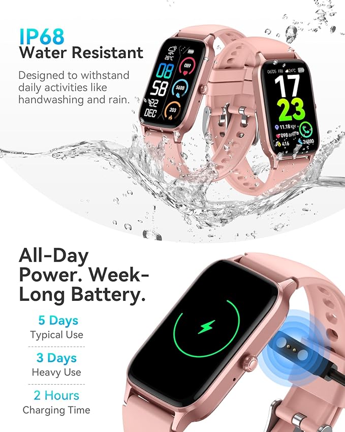 Fitness Activity Tracker for Women Men, Smart Watch Compatible with iPhone Android, IP68 Waterproof Step Counter with 110+ Sports, Sleep Monitor, Calorie Counter (Casual, Pink, 1.57)