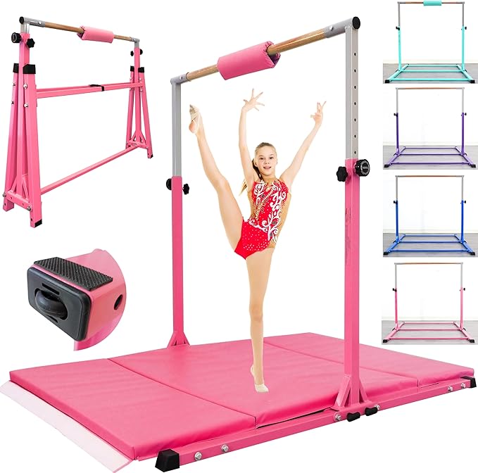 Foldable Gymnastic Bar for Kids Ages 3-20,5FT/6FT Horizontal Bar Base Length,Height Adjustable Kids Training Bar for Gymnastics,Gymnastics Equipment for Home Clubs